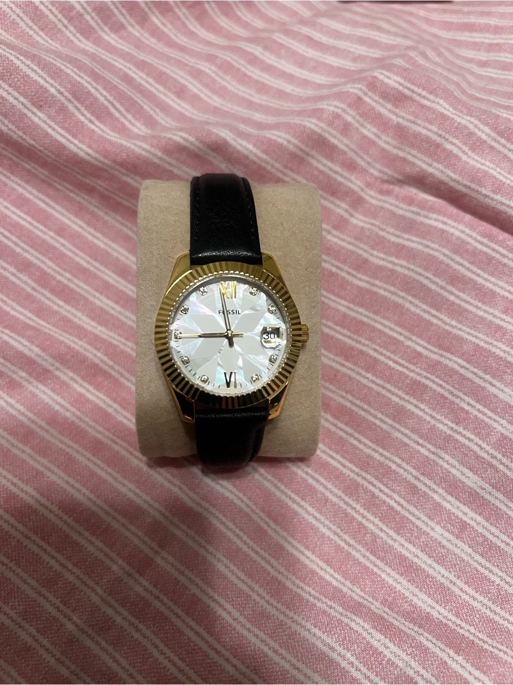 Fossil Gold-Tone Case Watch with Black Leather Strap